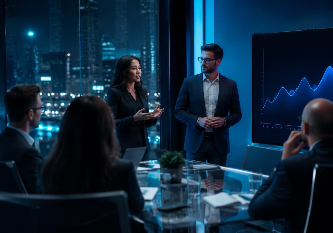 Founders presenting to investors in a meeting room